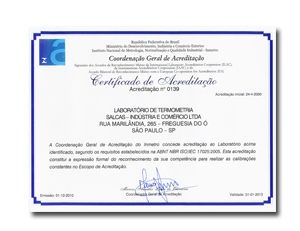 Certificado do Laboratorio Lab Salcas junto a Rede Brasileira de Calibração RBC